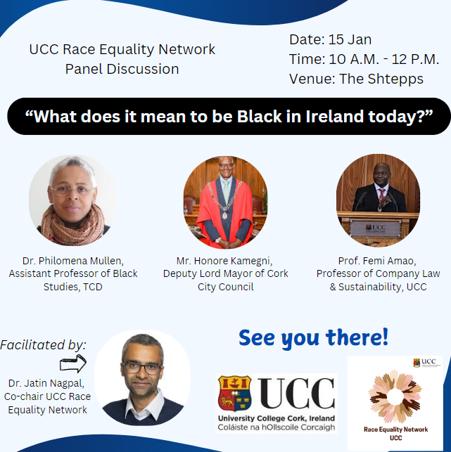 Join us for a panel discussion"What Does It Mean to Be Black in Ireland Today?"Panelists <a href="/HonoreKamegni/">Cllr. Honore Kamegni</a>    <a href="/Phil_Mullen_/">Philomena Mullen</a>  <a href="/olufemiamao/">Femi Amao</a> <a href="/JatinNagpal87/">Jatin Nagpal</a> 
A thought-provoking conversation on race, identity, and equality. #RaceEquality #Diversity <a href="/UCCEquality/">UCCEquality</a> <a href="/UCC/">UCC Ireland</a> <a href="/UCCSU/">UCC Students' Union</a>