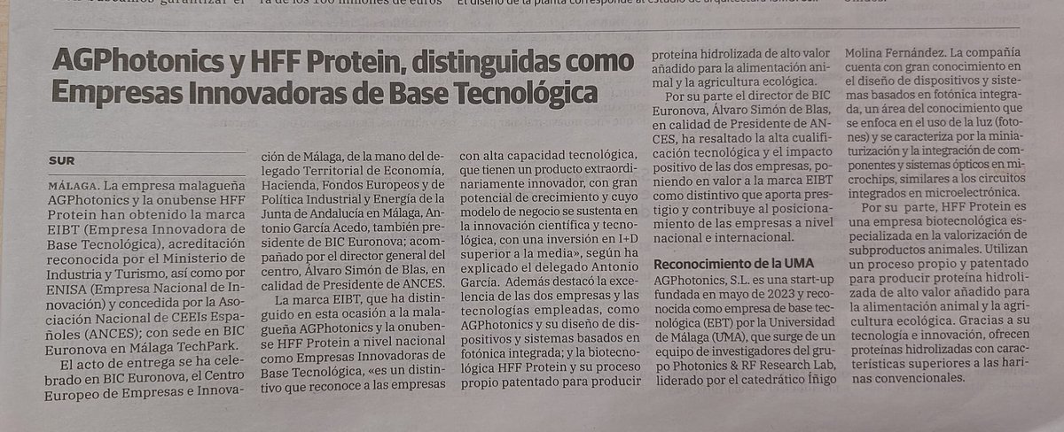 BicEuronova's tweet image. 📰 Las empresas #AGPhotonics y #HFFProtein distinguidas a nivel nacional como Empresas Innovadoras de Base Tecnológica (EIBT) 🏅

Marca gestionada desde @BicEuronova a nivel local y otorgada por la Asociación Nacional de CEEIs @AncesSpain, presidida por @AlvaroSimonB
