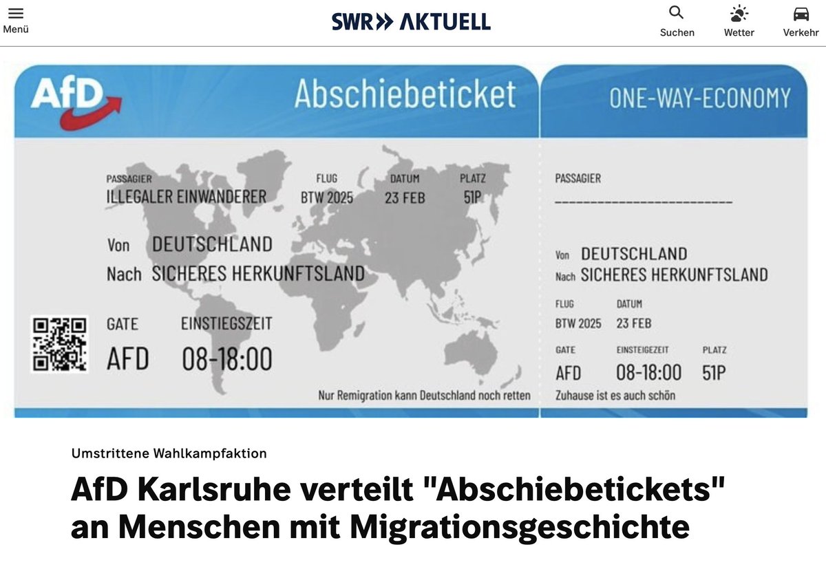 Die AfD ist eine durch und durch rechtsextreme und faschistische Partei. Jetzt verteilen sie unverhohlen solch ein Abschiebeticket an Migrant*innen und Geflüchtete. Diese Partei muss verboten werden!