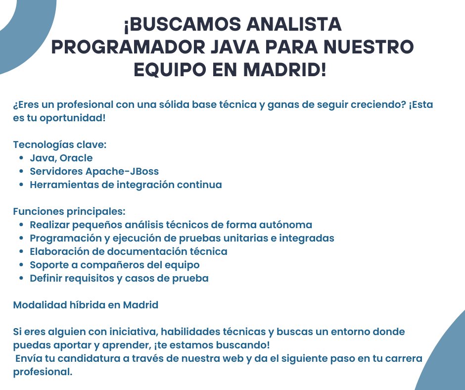 SerbyteIT's tweet photo. ¡Únete a nuestro equipo y da el salto a tu próxima gran oportunidad como Analista Programador JAVA!  #Madrid #OportunidadLaboral https://t.co/EhsNEZHFPi