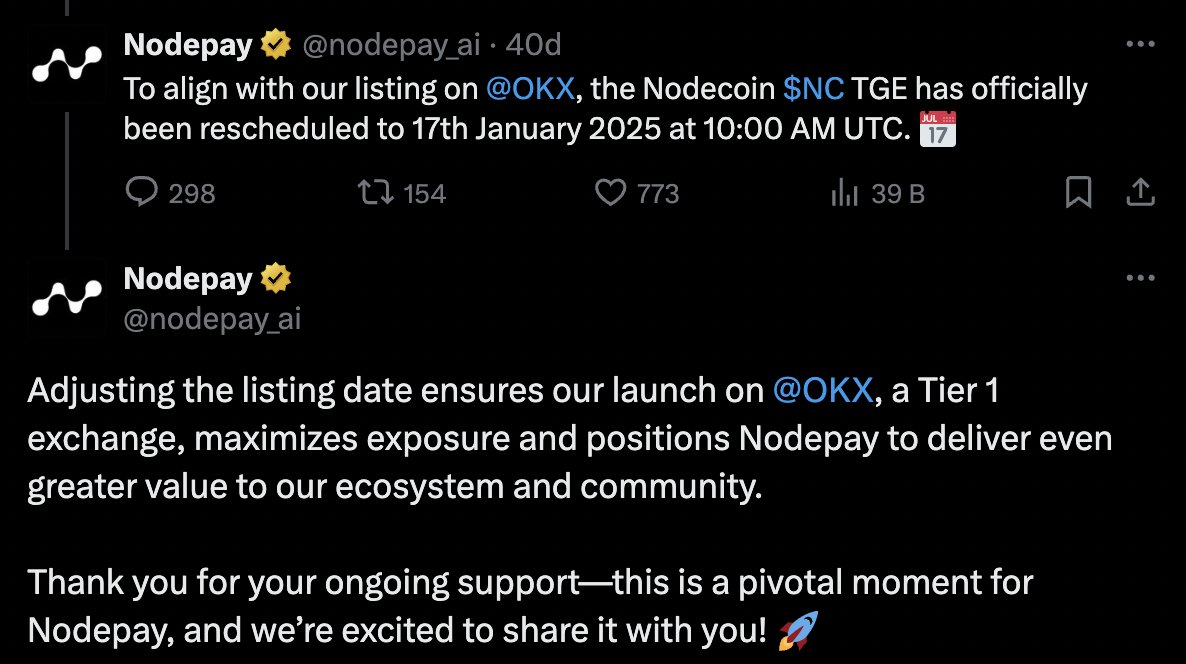 Nodepay Airdrop Güncellemesi! 🪂 Nodepay TGE 17 Ocak tarihine ertelendi!  OKX borsasının listeleme duyurması ile claim da ertelenmiş oldu! 🚀👀  Tier-1 borsa gelmesi aslında iyi oldu ancak tarih ikinci kez erteleniyor.  Bari