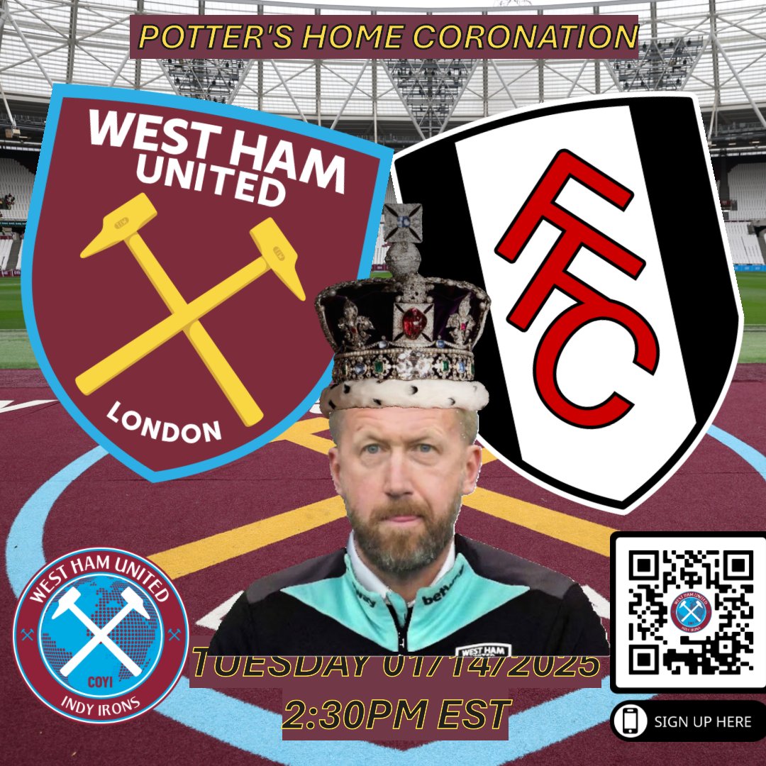 We host the Cottagers tomorrow, Tuesday, January 14th, 2025 at 1430 (2:30pm). The home coronation our new gaffer Graham Potter!! 

#westham_us #westham #westhamsupporters #WestHamIsMassive #COYI #OverLandAndSea #ForeverBlowingBubbles