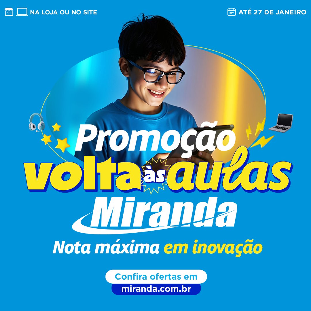 🤓🎒 Promoção Volta às Aulas Miranda com economia e tecnologia para ajudar nos estudos e trabalho. Impressoras, tablets, notebooks e muito mais para sua melhor produtividade. Venha conferir nas lojas Miranda, televendas ou em miranda.com.br/voltaasaulas