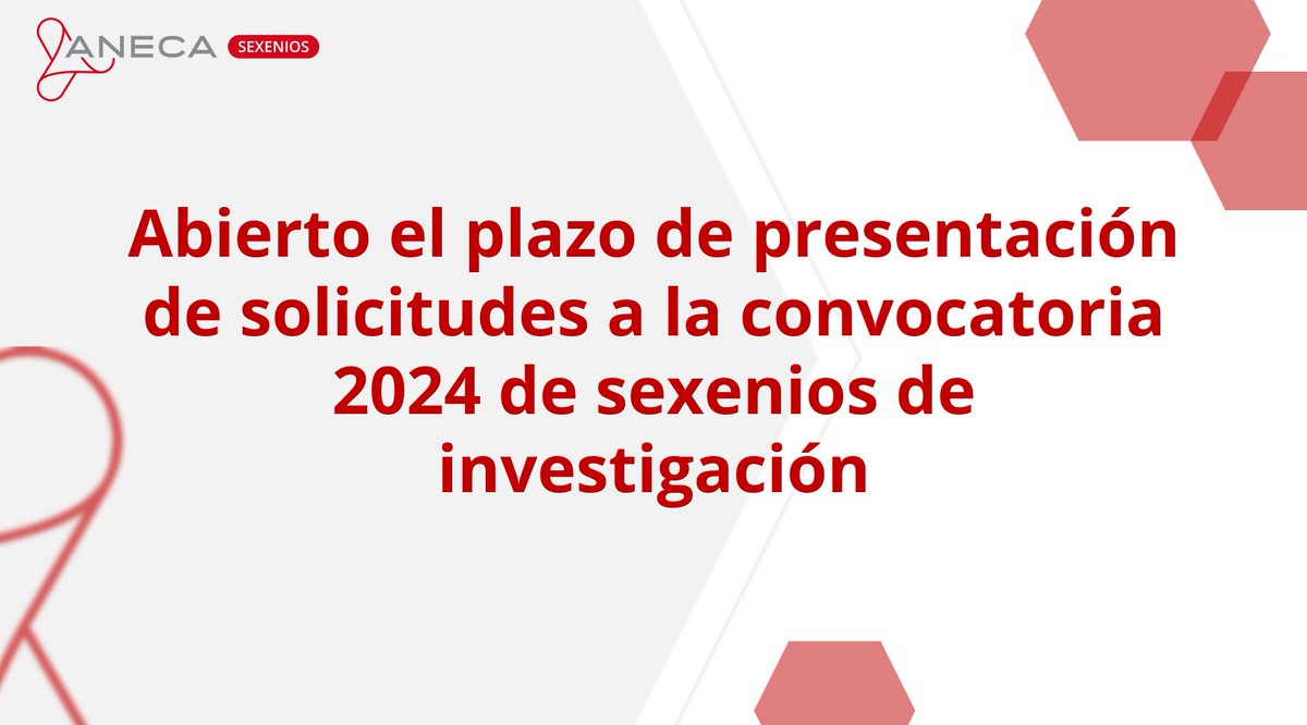 Pilar Paneque (@pilarpaneque) on Twitter photo 📢Desde hoy 13 de enero y hasta el próximo 3 de febrero se pueden presentar solicitudes a la convocatoria 2024 de evaluación de la actividad investigadora (sexenios de investigación)
+ Info: aneca.es/web/guest/-/ab…
Envía tus consultas a: ayuda.aneca.es/hc/es/requests…
#Sexenios2024 📢Desde hoy 13 de enero y hasta el próximo 3 de febrero se pueden presentar solicitudes a la convocatoria 2024 de evaluación de la actividad investigadora (sexenios de investigación)
+ Info: aneca.es/web/guest/-/ab…
Envía tus consultas a: ayuda.aneca.es/hc/es/requests…
#Sexenios2024