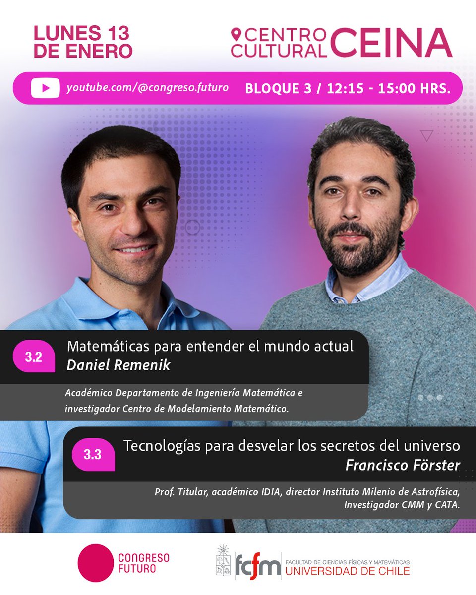 No te pierdas a los académicos FCFM, Daniel Remenik y Francisco Föster, quienes se presentarán hoy, en la primera jornada del #CongresoFuturo  <a href="/dim_fcfm/">Departamento de Ingeniería Matemática UChile</a> <a href="/CMMUChile/">Centro de Modelamiento Matemático</a>  <a href="/idiauchile/">Iniciativa de Datos e Inteligencia Artificial</a> <a href="/astrofisicaMAS/">MAS</a>