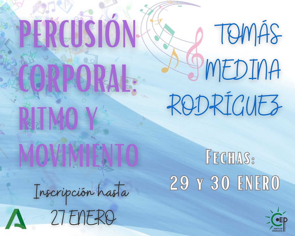 Actividad formativa Internivelar de #musica PERCUSIÓN CORPORAL: RITMO Y MOVIMIENTO. Información detallada e inscripción: juntadeandalucia.es/educacion/secr… <a href="/DG_IFP/">DG de Innovación y Formación del Profesorado</a> <a href="/EducaAnd/">Consejería Desarrollo Educativo y FP</a>