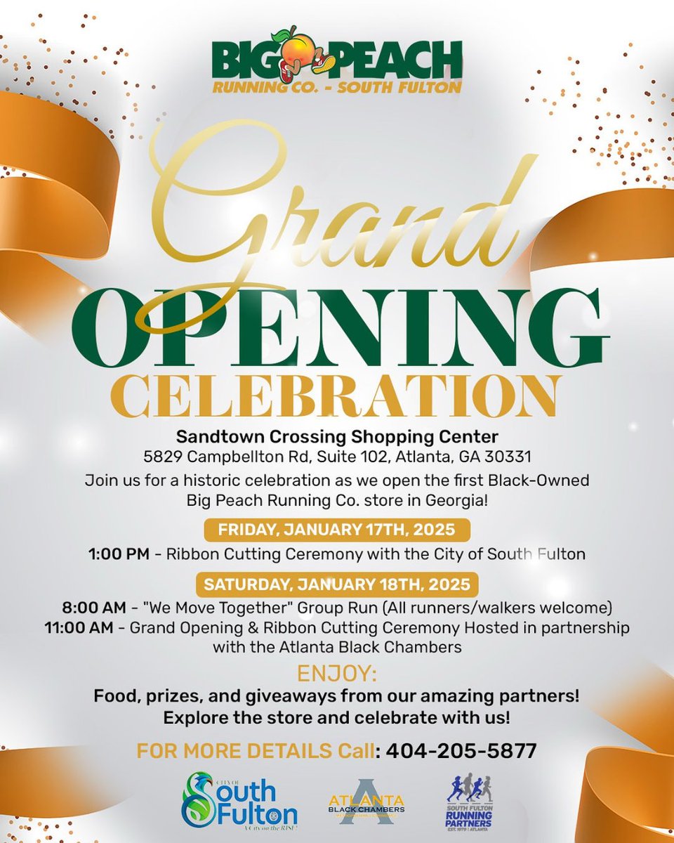 We're so excited for the grand opening of the newest Big Peach Running Co. store in South Fulton, GA!

The celebration will take place on January 17th and 18th for the first Black-Owned Big Peach Running Co. store in Georgia. We hope to see you there! #Running4Diversity