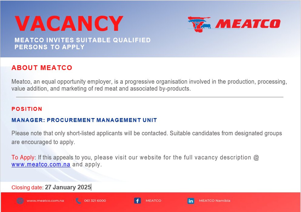 Job Opportunity with us!
#meatco4nam #2025recruit #managerpmu