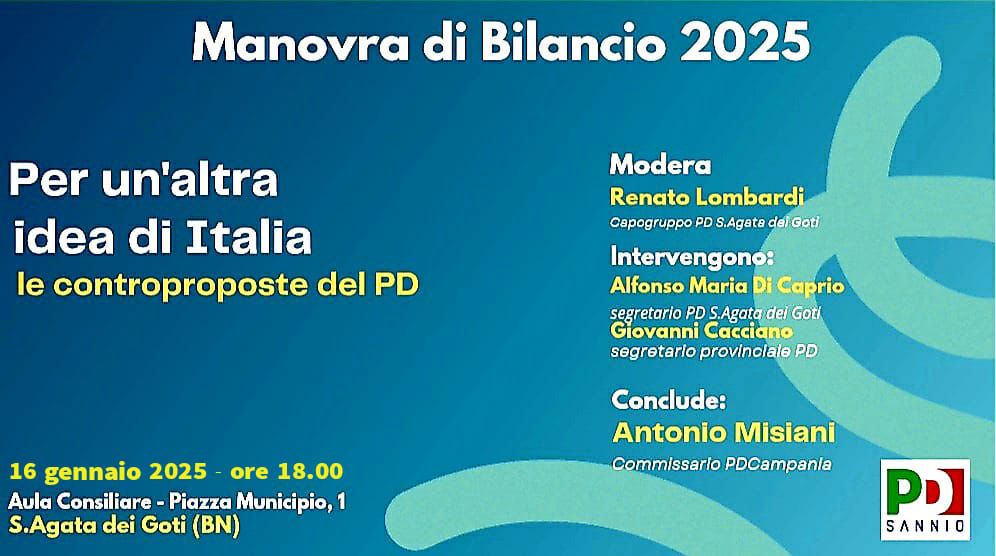 PDSannio's tweet photo. Giovedì 16 gennaio, alle ore 18:00, presso l'Aula Consiliare di Sant'Agata dei Goti, il Partito Democratico del Sannio, insieme al Responsabile Economia e Infrastutture del Nazzareno  @antoniomisiani, presenterà "Un'Altra Idea di Italia". https://t.co/lDmp5FYdS4