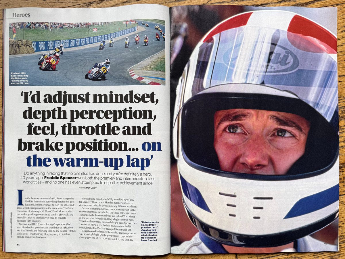 Also got an 8-page feature in <a href="/BikeMagazine/">Bike Magazine</a> about Freddie Spencer's historic 250/500cc double in 1985, which involved staggering from the 500 podium in 35-degree heat &amp; climbing onto his 250 just in time to make the grid, only for his legs not to work for the push start!