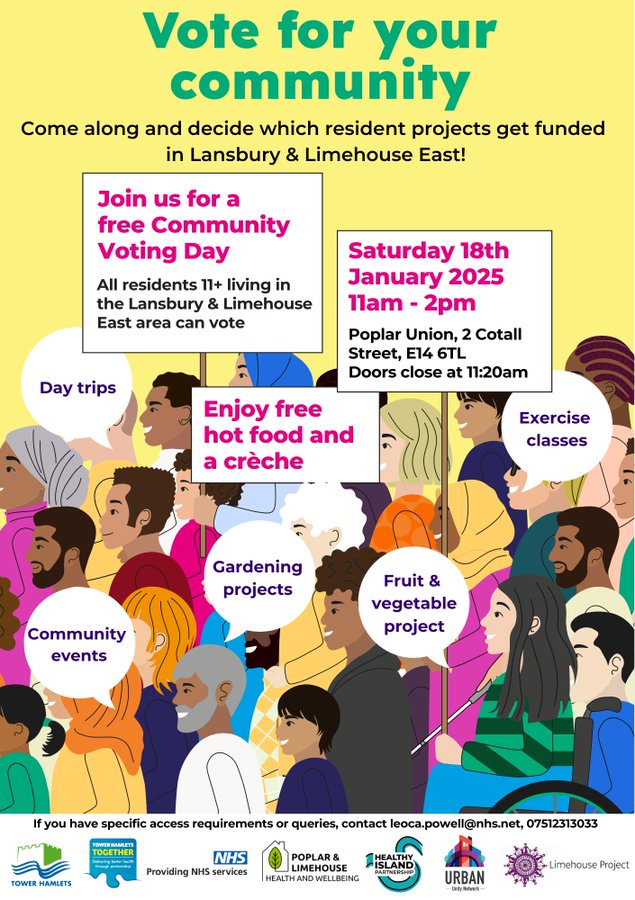 Just a reminder! 🗳️

This Saturday, residents in Lansbury &amp; Limehouse East can vote for the projects they want to see happen in the community.

☕ Refreshments + a play area for kids provided!

🗓️ Sat 18th Jan 2025
⏰ 11am–2pm
📍 Poplar Union, E14

#CommunityVote