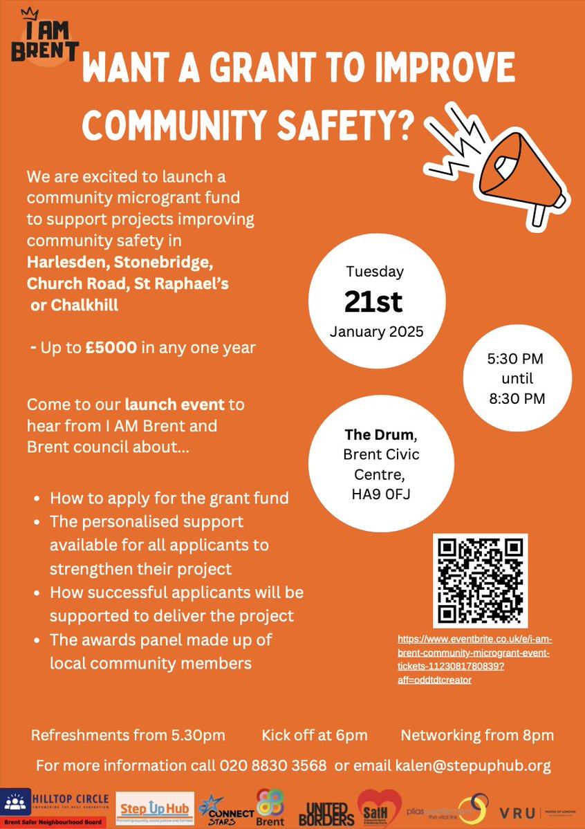 I AM Brent - Community Microgrant Event 

Grants up to £5000 to support projects improving community safety in Harlesden, Stonebridge, Church Road, St Raphael’s or Chalkhill. 

Tuesday 21 January, 5:30 - 8:30 at The Drum, Brent Civic Centre  

Register ➡️ eventbrite.co.uk/e/i-am-brent-c…