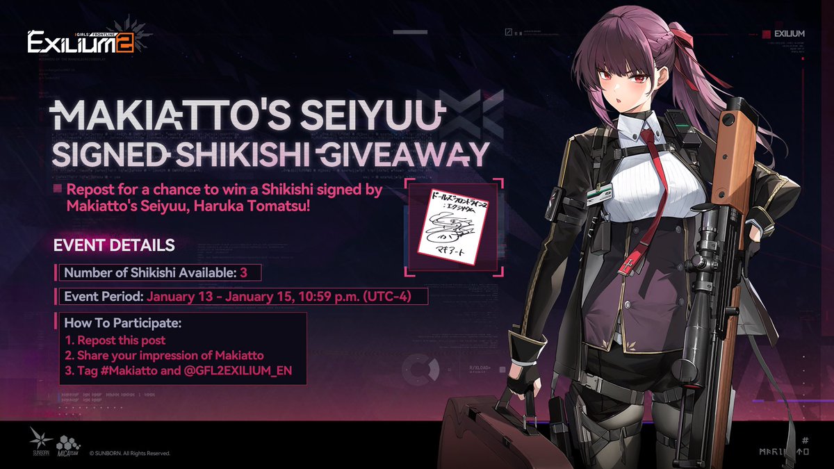 GFL2EXILIUM_EN's tweet image. Special Giveaway | Makiatto's Seiyuu Signed Shikishi 

Commanders, Makiatto's Themed Event [Rhapsody Quartet] will conclude on January 15, 10:59:59 p.m. (UTC-4). The limited-time rate-up for the Elite Doll [Makiatto] in the Targeted Procurement will also come to an end. If you…