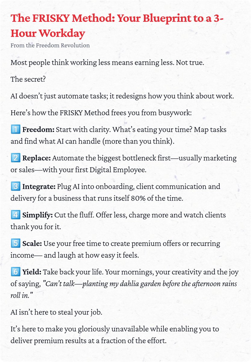 BiancaBoard's tweet photo. Most agency owners think working less means earning less. 

That’s wrong.

The FRISKY Method shows how AI helps you scale your agency to freedom—3 hours a day, no more. https://t.co/2WCqJBLdNa