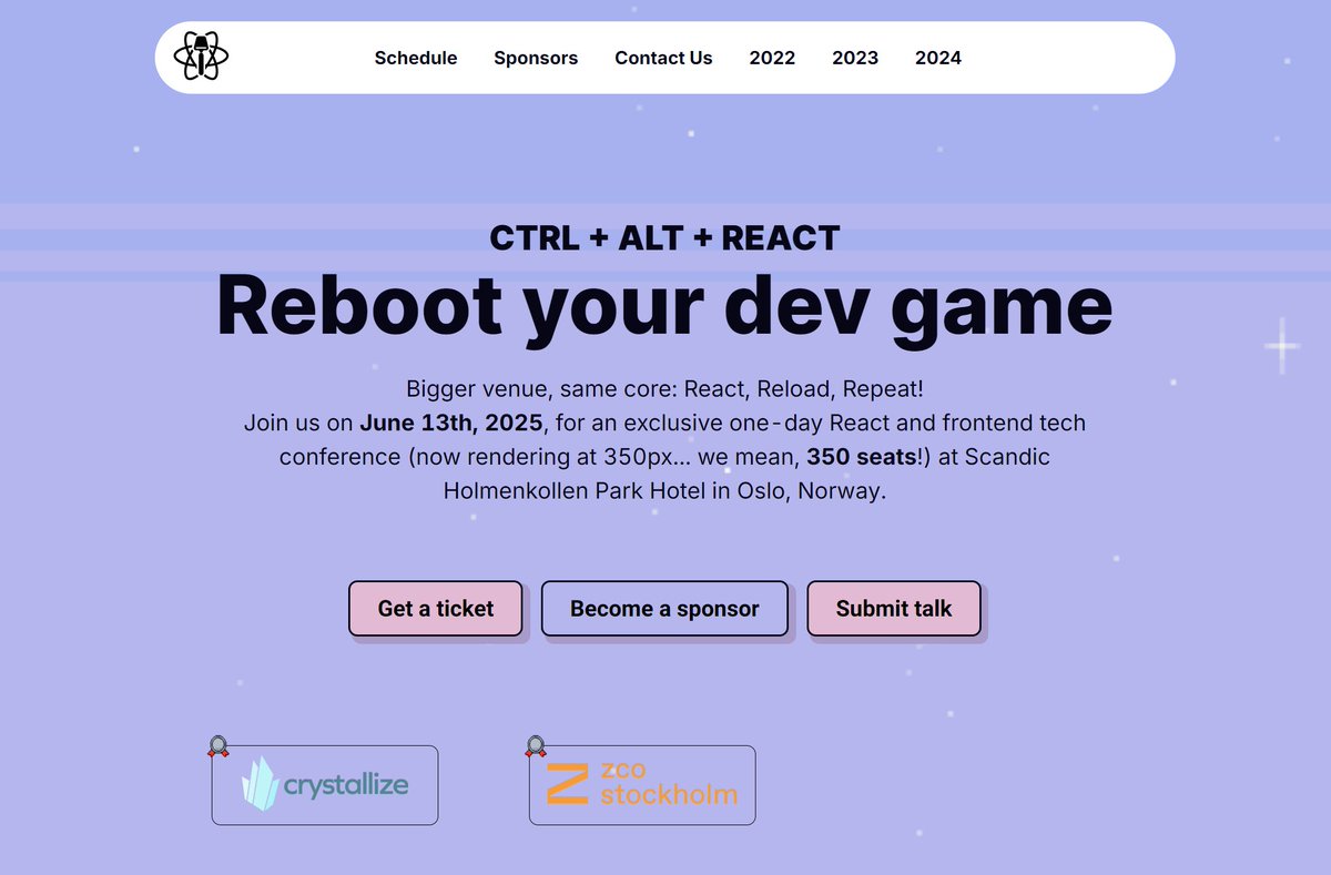 Shout out to all of our past sponsors @upsuncom <a href="/bryntum/">Bryntum</a> <a href="/getsentry/">Sentry</a> <a href="/Vipps_no/">vipps</a> <a href="/MicrosoftNorge/">Microsoft Norge</a> 24SevenOffice <a href="/platformsh/">platformsh</a> <a href="/vevdesign/">Vev</a> <a href="/Netlify/">Netlify</a> <a href="/storyblok/">Storyblok</a> <a href="/statelyai/">Stately.ai</a> <a href="/Demando_io/">Demando</a> <a href="/cloudinary/">Cloudinary</a> two. and ofc <a href="/TINE_SA/">TINE SA</a> for making #RN possible!

We’re back in Oslo in a bigger venue this