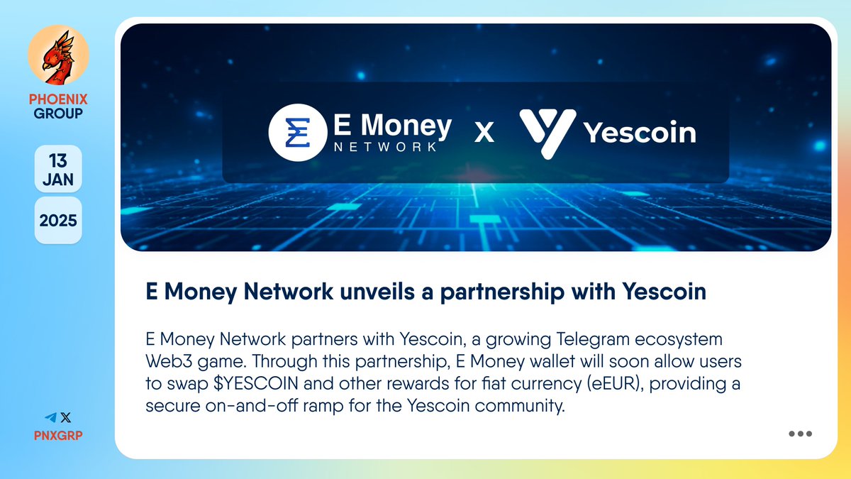 🔥 @EMoney_Network unveils a partnership with @The_Yescoin #EMoneyNetwork  partners with #Yescoin, a growing Telegram ecosystem #Web3 game. Through  this partnership, E Money wallet will soon allow users to swap $YESCOIN and  other