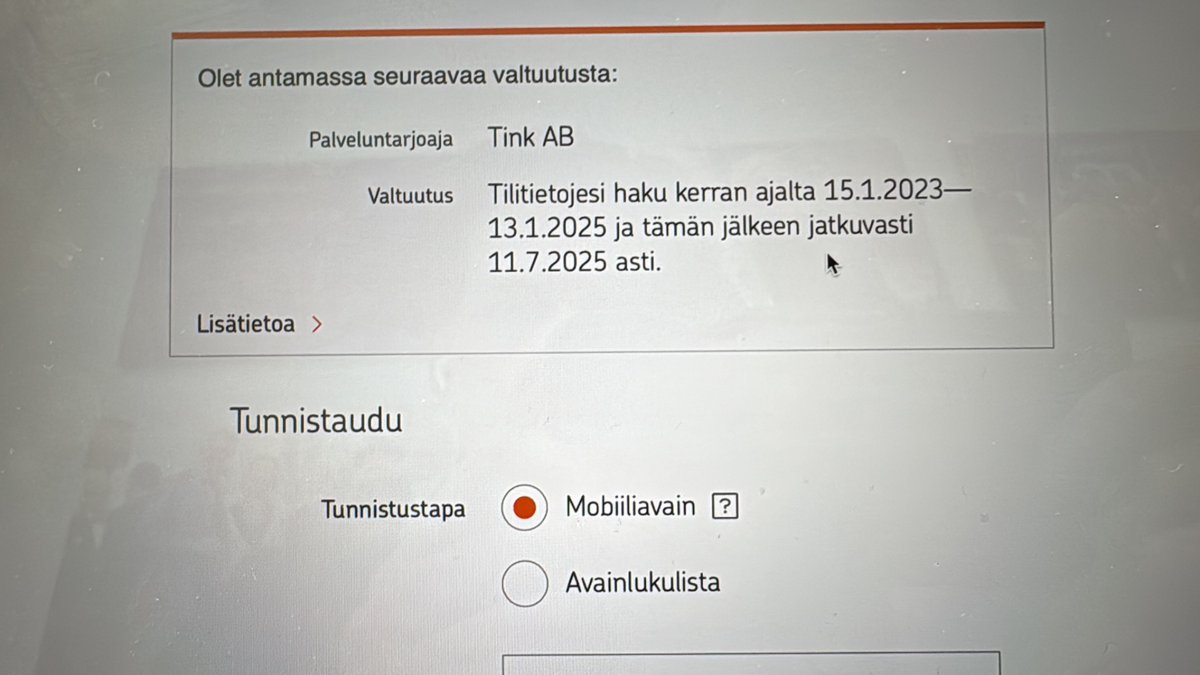 Siis helvetti. Torin ”toridiilin” käyttäjän olisi annettava näin laajat valtuudet tilitietojensa katseluun 3. osapuolelle(!), josta käyttäjällä ei ole mitään hajua. Ja tämä tulee esiin vasta, kun on ekat toridiili-kaupat tapahtumassa, ei palvelua valitessa. Pitäkää tunkkinne