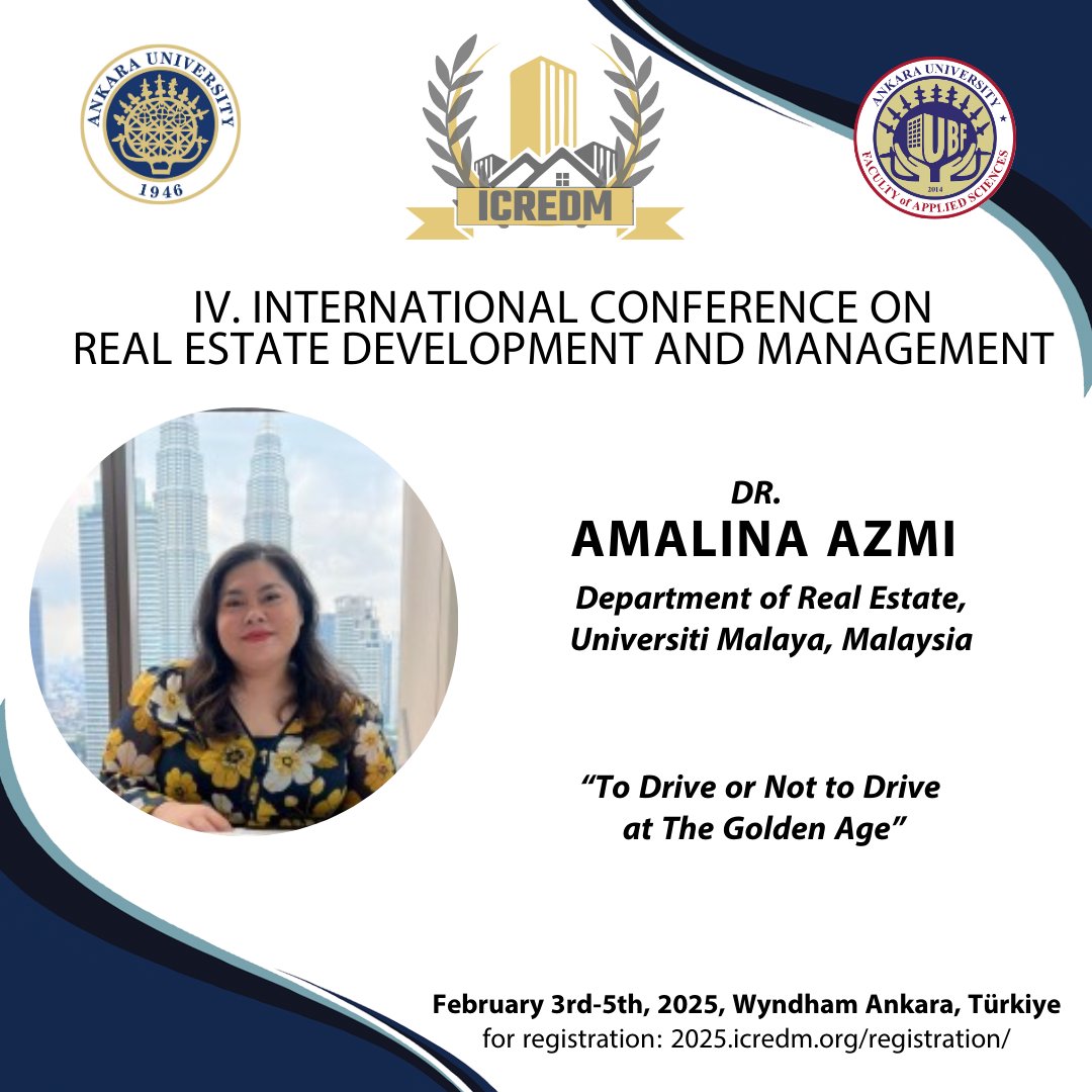 Ms. Amalina AZMI will attend the ICREDM 2025 - 4th International Conference on Real Estate Development and Management as a presenter.

Sayın Amalina AZMI, ICREDM 2025 - 4. Uluslararası Gayrimenkul Geliştirme ve Yönetimi Konferansı'na konuşmacı olarak katılacaktır.

<a href="/AnkaraUni/">Ankara Üniversitesi</a>
