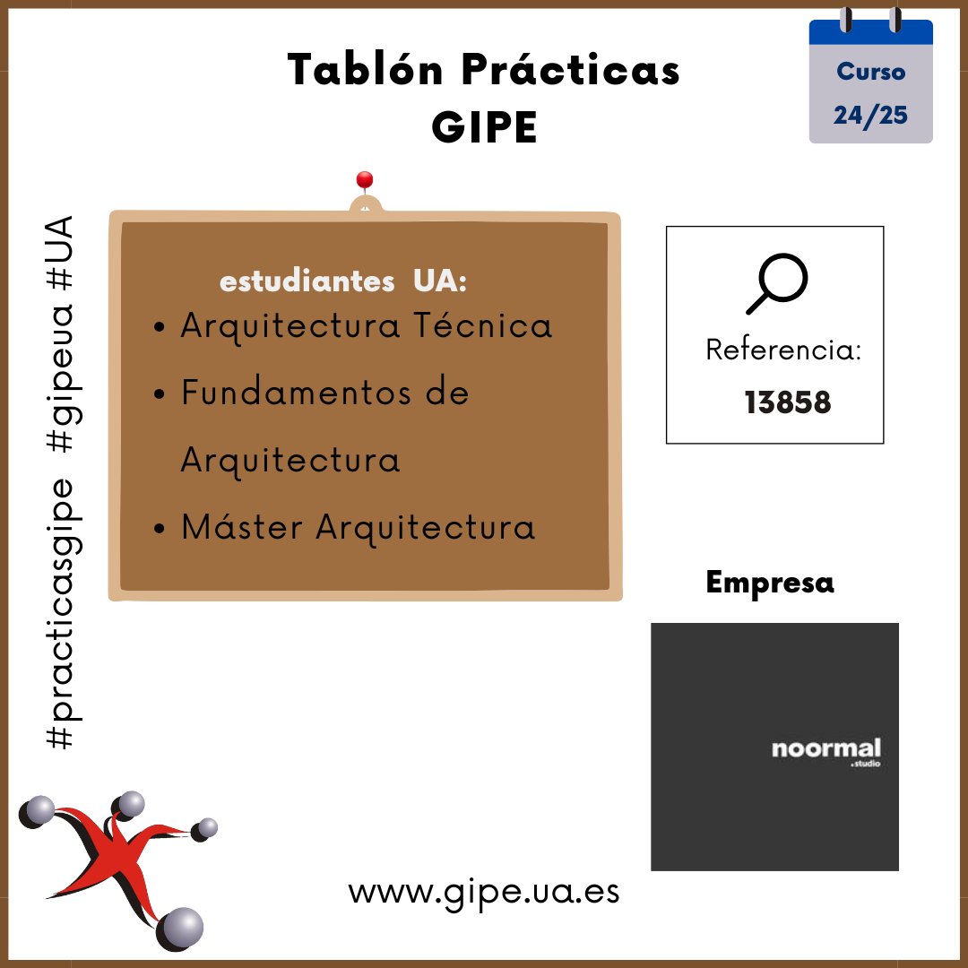 gipeua's tweet photo. Tablón de ofertas de Prácticas: 
Estudiante Grado Arquitectura Técnica, Fundamentos Arq., Máster Arquitectura (Elda)
https://t.co/Ry6mEbNVLq 
@EPSAlicante @DEEPSUA @uarqalicante @REuarq       @DE_AT_EPSA @UA_Universidad #practicasgipe #gipeua #UA https://t.co/pHVsQ5J5Ok