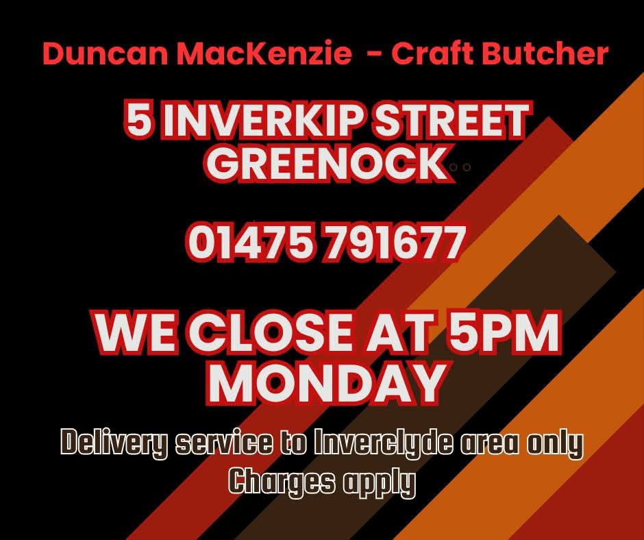 MacKenzieBtchr's tweet photo. We close at 5pm #Monday. 
@MacKenzieBtchr at 5 Inverkip Street Greenock. 
☎️ Call 01475 791677

#Butchers #Greenock
#Inverclyde #ChooseLocal #ScotlandLovesLocal #ScotFoodandDrink https://t.co/EQTSeZFiaJ