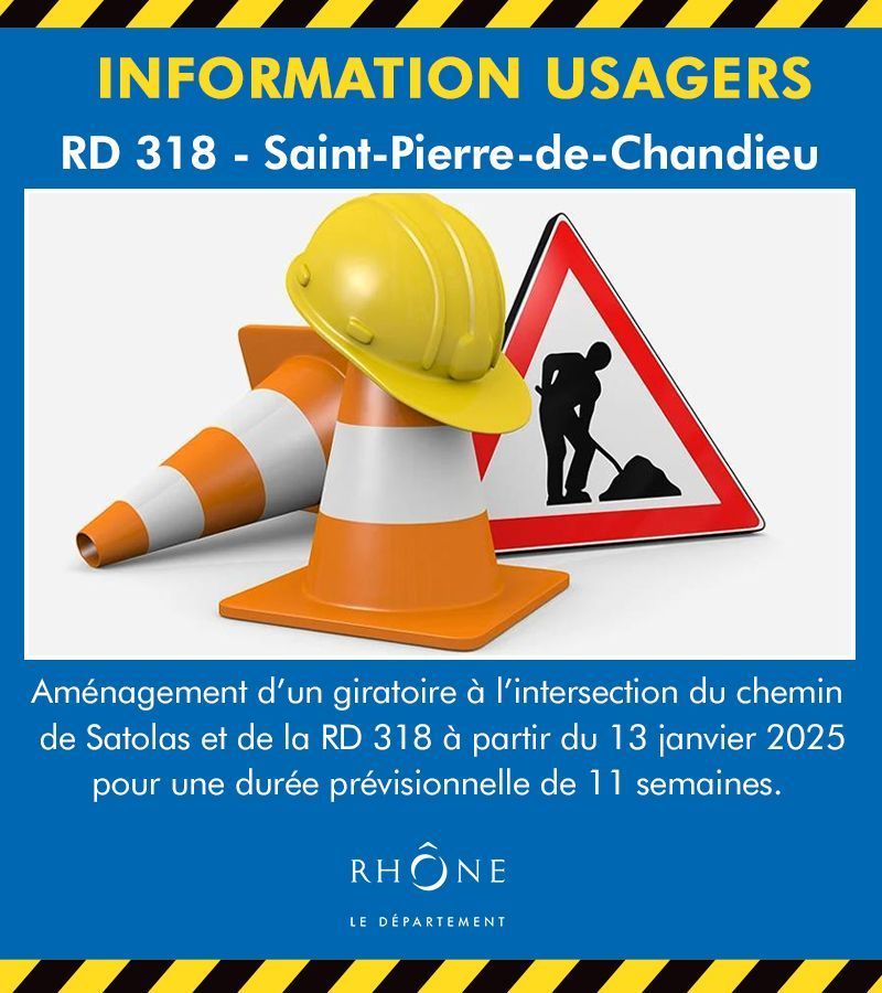🚧 Travaux à Saint-Pierre-de-Chandieu : création d’un giratoire à l’intersection du chemin de Satolas et de la RD318 dès le 13/01.

👷 Durée prévue : 11 semaines (sous réserve météo)
⚠️ Circulation perturbée (feux alternés &amp; fermetures)

ℹ️ Plus d'infos: buff.ly/40pcWov