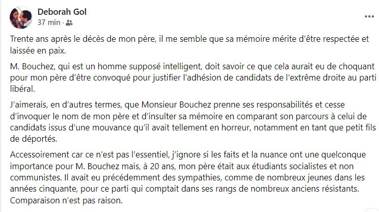 Mise au point de Deborah Gol, fille de l'ancien président libéral et vice-premier ministre Jean Gol
