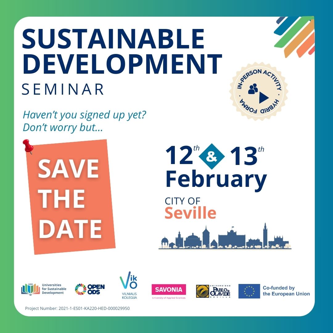 usd_project's tweet photo. SAVE THE DATE 👇

📅 On February 12-13 the SEMINAR ON SUSTAINABLE DEVELOPMENT will be held (hybrid format) at Universidad Pablo de Olavide, Seville, Spain 🇪🇸

🎯 Join us for an engaging two-day program filled with valuable insights on sustainable development. https://t.co/s9idsSeZDm