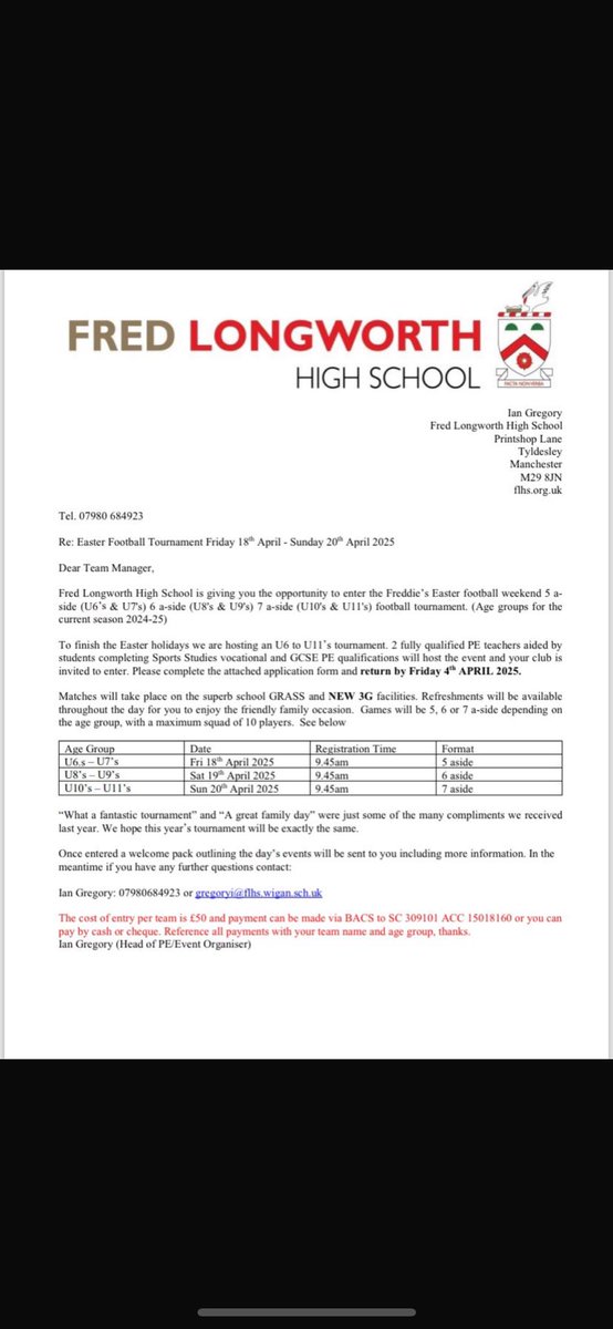 FLHSPE's tweet photo. The Easter 2025 football tournament application process is now available to all team managers. Hit the link to reserve your place. Thanks 

Fred Longworth Easter Tournament 2025 - Application Form - https://t.co/VF35oJdIuU https://t.co/cXKpneFVJa