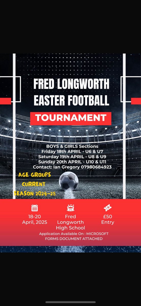 FLHSPE's tweet photo. The Easter 2025 football tournament application process is now available to all team managers. Hit the link to reserve your place. Thanks 

Fred Longworth Easter Tournament 2025 - Application Form - https://t.co/VF35oJdIuU https://t.co/cXKpneFVJa