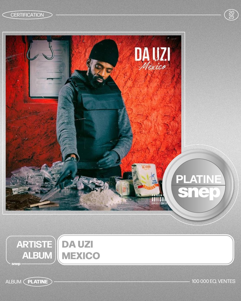 snep's tweet photo. L’album « Mexico » de DA Uzi est certifié Platine ! 💿

100 000 équivalents ventes 📈

Bravo ! 👏 https://t.co/XmpHQNmzw8