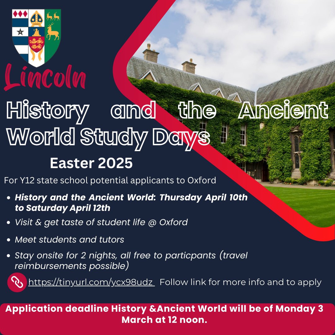 Lincoln College Oxford (@lincolnoutreach) on Twitter photo Interested in History, CAAH, or similar courses? App's open for our Easter Study Days. <a href="/OxfordHistory/">Oxford History</a> <a href="/oxfordclassics/">Oxford Classics Outreach</a>
For Y12 state school students. Visit & get taste of life @ Ox, meet tutors & students! Deadlines: 3 March . Link 4 more deets & to apply tinyurl.com/ycx98udz Interested in History, CAAH, or similar courses? App's open for our Easter Study Days. <a href="/OxfordHistory/">Oxford History</a> <a href="/oxfordclassics/">Oxford Classics Outreach</a>
For Y12 state school students. Visit & get taste of life @ Ox, meet tutors & students! Deadlines: 3 March . Link 4 more deets & to apply tinyurl.com/ycx98udz
