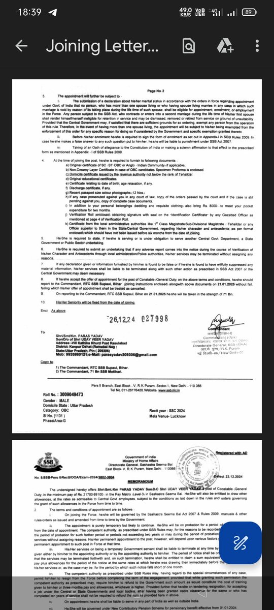 ParasYadav121's tweet photo. @upprpb Respect sir 
Sir MY DV PST Date 23 January 2025 In Kanpur Civil line I want change my DV PST Date Before 23 January Because sir My SSB Constable By SSC GD Joining Date 21 january 2025 in Bihar 
Respect sir 
Attached photo joining letter SSB and DV PST Admit Card Police https://t.co/eYchjhUEHB