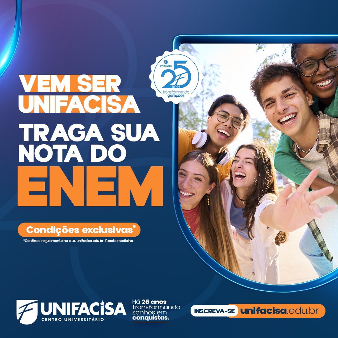 🌟 VEM SER UNIFACISA! 🌟

Traga a sua nota do ENEM e transforme seu sonho em realidade garantindo condições exclusivas. 💡 Conquiste sua vaga e faça parte de um centro universitário que há 25 anos investe no seu futuro! 📚

#Unifacisa #VemSerUnifacisa