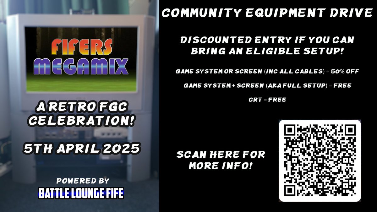 Hey folks, as mentioned before we're doing an equipment drive for FIFERS MEGAMIX! 

If you're able to bring equipment, scan the code and fill in the form with what you're bringing and we'll give you discounted entry!

You'll find event info here: start.gg/fifersmegamix