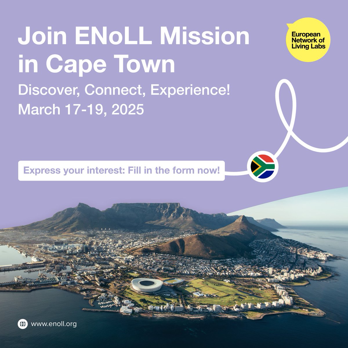 🌍Join ENoLL’s Mission in #CapeTown!

What's in our agenda?
📣#ISPIM Conference!
🔍ENoLL #Infoday!
🤝ENoLL &amp; South Africa’s Department of Science and Innovation (DSI) MoU signing!

Want to be part of the mission #Delegation? Fill out the form now: tinyurl.com/2aauzsev ✍ ⏰