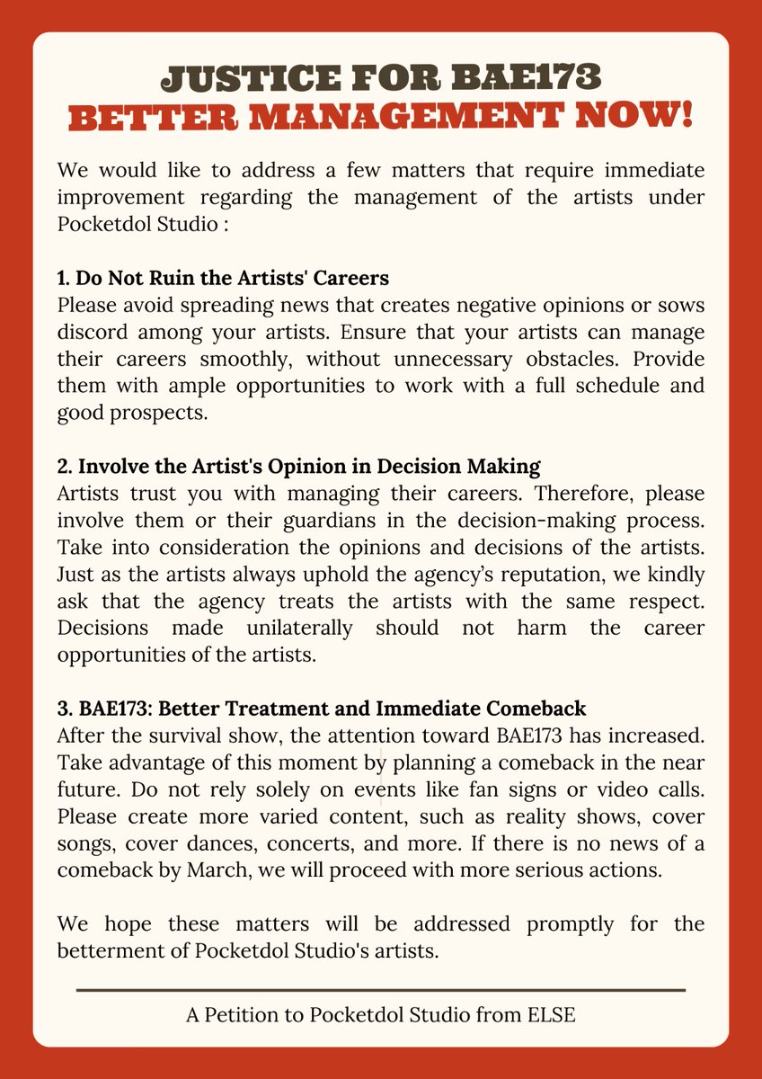 bruleemilktea's tweet photo. You should know better the pros n cons of idols joining survival shows! GIVE BAE173 PROPER COMEBACK AND PROMOTIONS LIKE A NORMAL BOY GROUP!
#ProtectPocketdolArtist
#PocketdolTreatYourArtistBetter
#김광수_아웃 #PROTECT_BAE173
@PocketDolStudio https://t.co/V2wnyEvsq5