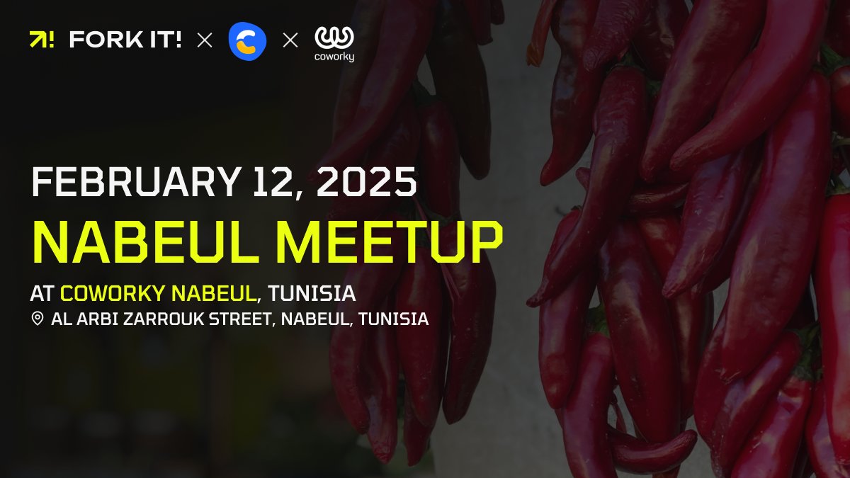 ForkitCommunity's tweet photo. π’ Fork It! Meetup is heading to Nabeul, Tunisia! π
π
Feb 12, 2025 at Coworky Nabeul
Donβt miss this chance to connect, share, and grow together.
π Register: https://t.co/JhnenQ8Epz
#ForkIt2025 #NabeulMeetup #TechCommunity https://t.co/aydgSWdFPo