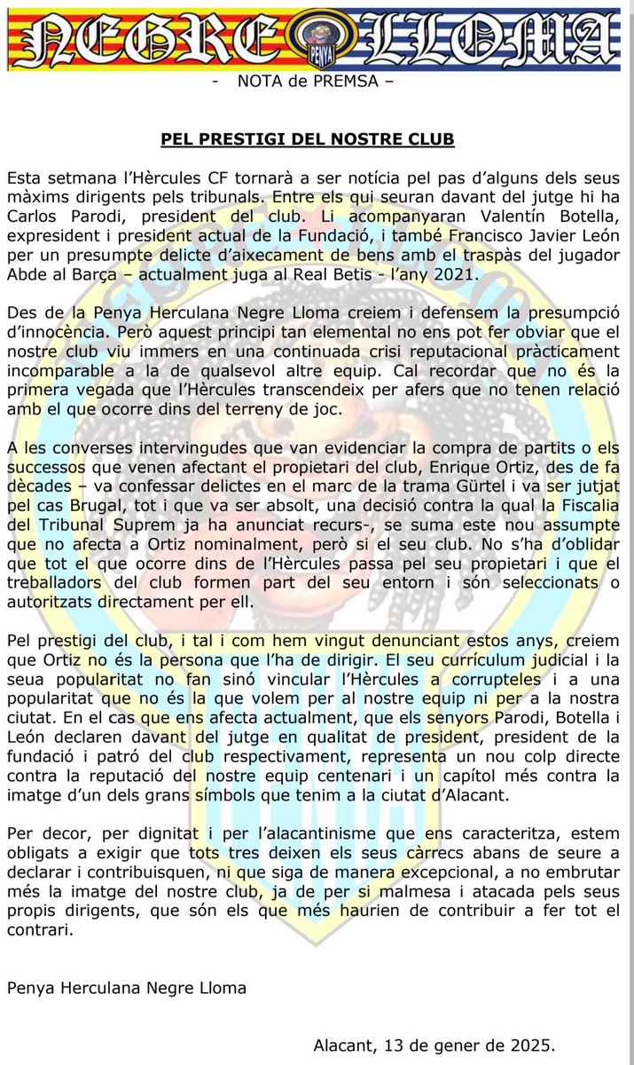 Nota de Premsa.
Pel prestigi del nostre Club.