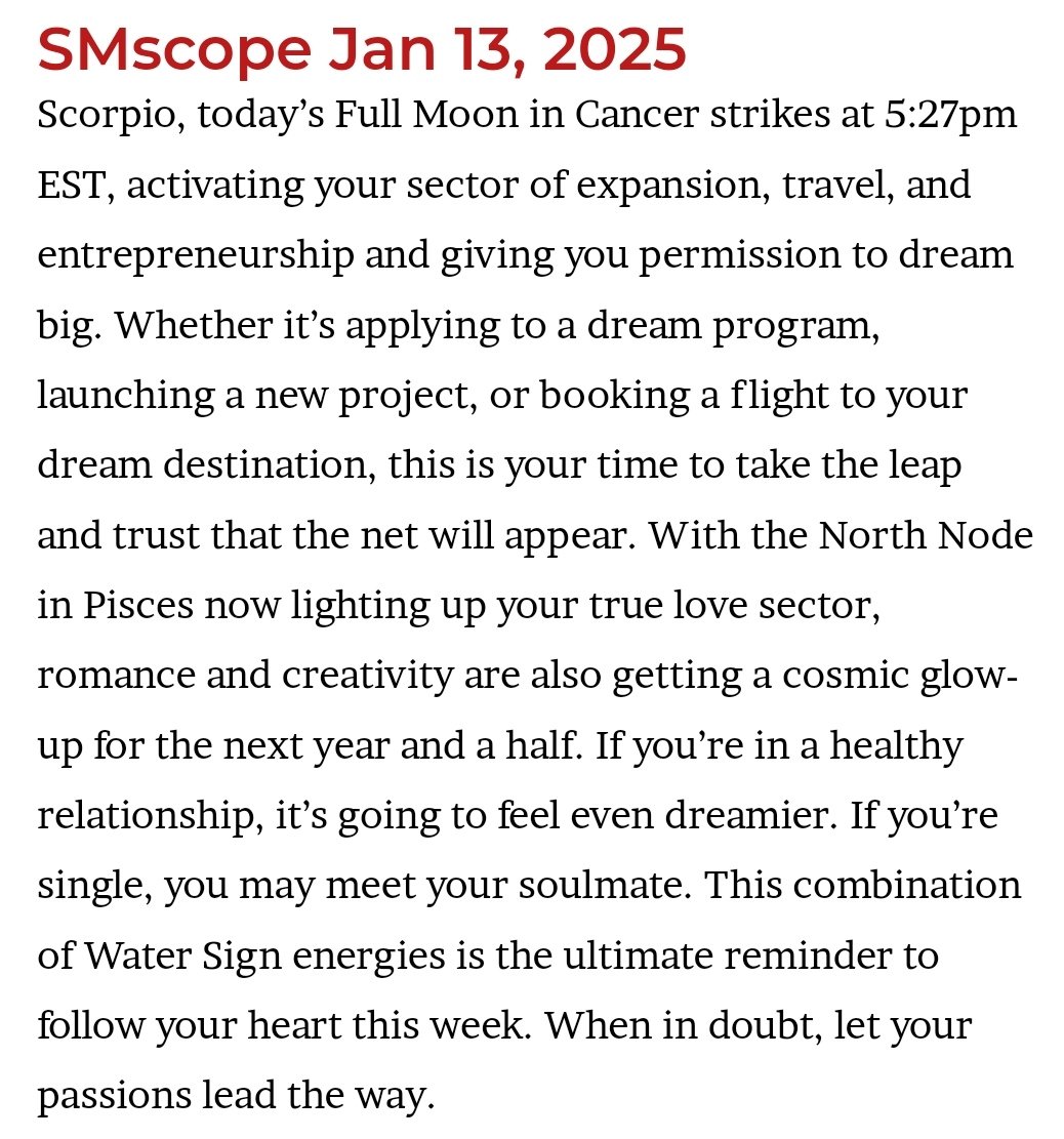 ScorpioMystique's tweet photo. #SMscope Jan 13, 2025 written by @dossevia ♏️♥️🌕 https://t.co/kZKfOZyp0y