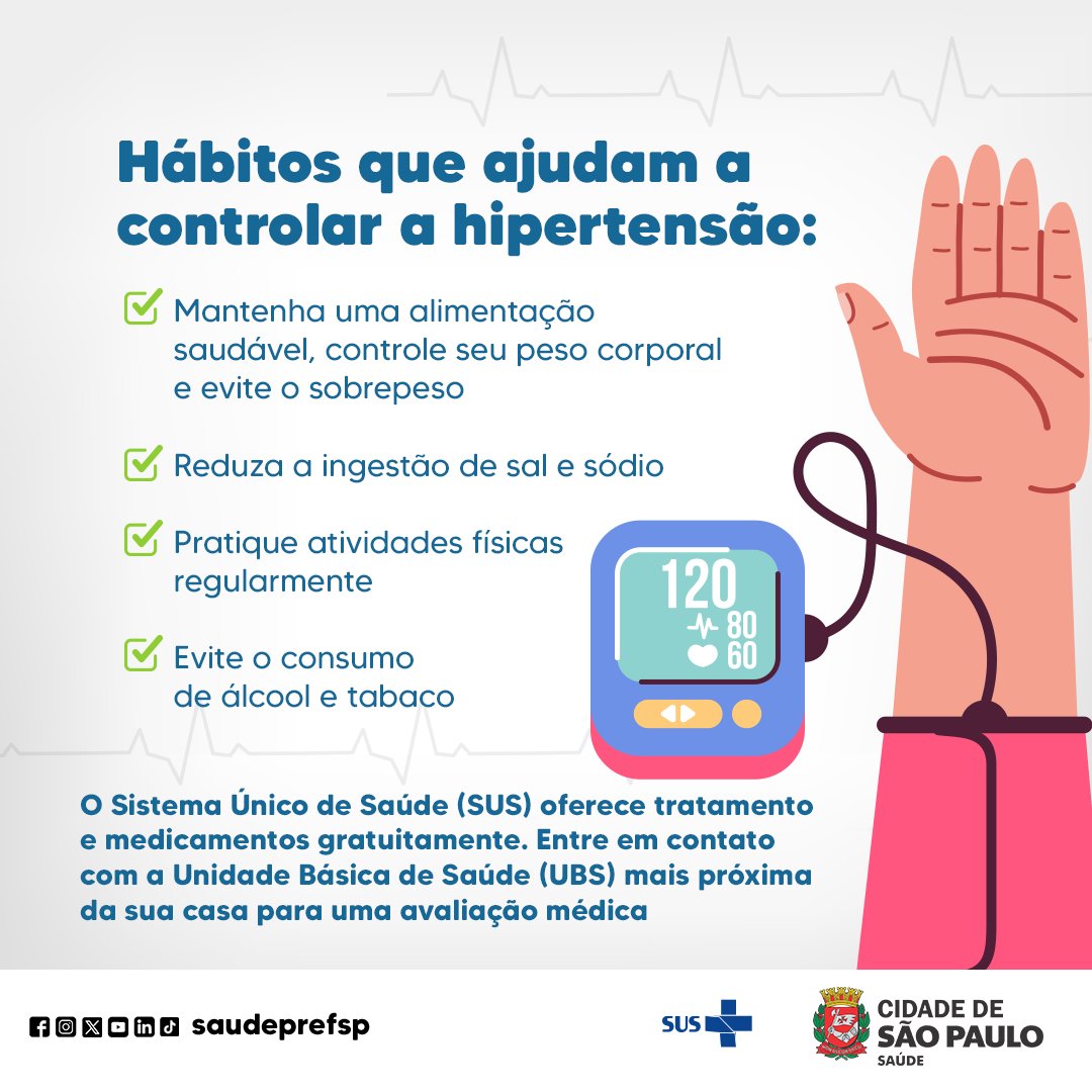 saudeprefsp's tweet image. 💓 Cuidar da hipertensão é essencial para uma vida saudável!

Pratique atividades físicas, mantenha uma boa alimentação e faça o acompanhamento na UBS mais próxima. Sua saúde merece atenção!

#Hipertensao #SaudePrefSP #SUS