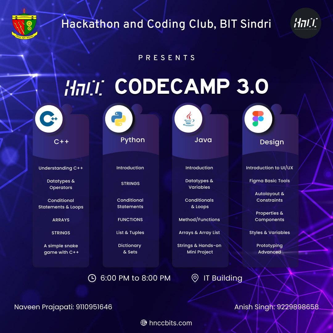 hnccbits's tweet image. Unleash your coding and design potential by participating in our thrilling week-long #CodeCamp. 

Reg link : bit.ly/3Codecamp

#codingnewbie
#CodeCampHnCC
#LearnWithHnCC
#HnCCCommunity