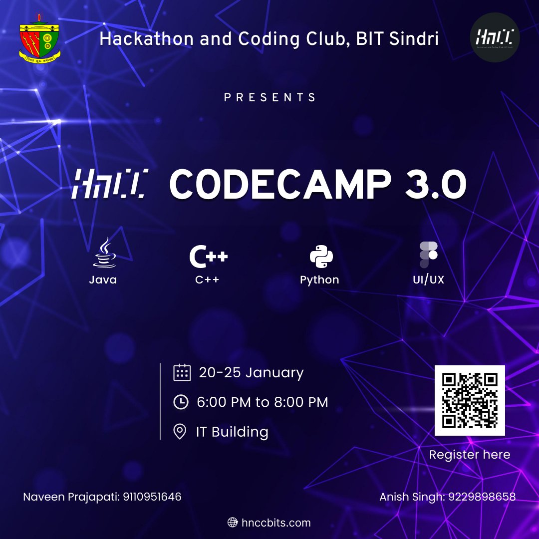 hnccbits's tweet image. Unleash your coding and design potential by participating in our thrilling week-long #CodeCamp. 

Reg link : bit.ly/3Codecamp

#codingnewbie
#CodeCampHnCC
#LearnWithHnCC
#HnCCCommunity