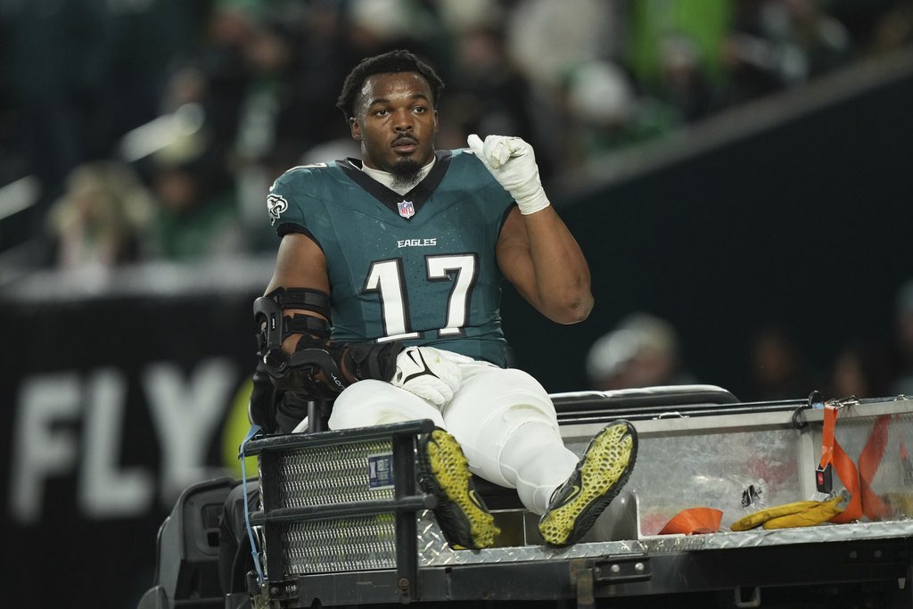 RapSheet's tweet photo. #Eagles LB Nakobe Dean, who was carted off during last night’s playoff win, is feared to have suffered a significant knee injury that would knock him for the playoffs, sources tell me and @MikeGarafolo.

He’ll have an MRI this morning to deliver the full news. Dean emerged as a starter this season with 128 tackles, including 9 for a loss.
