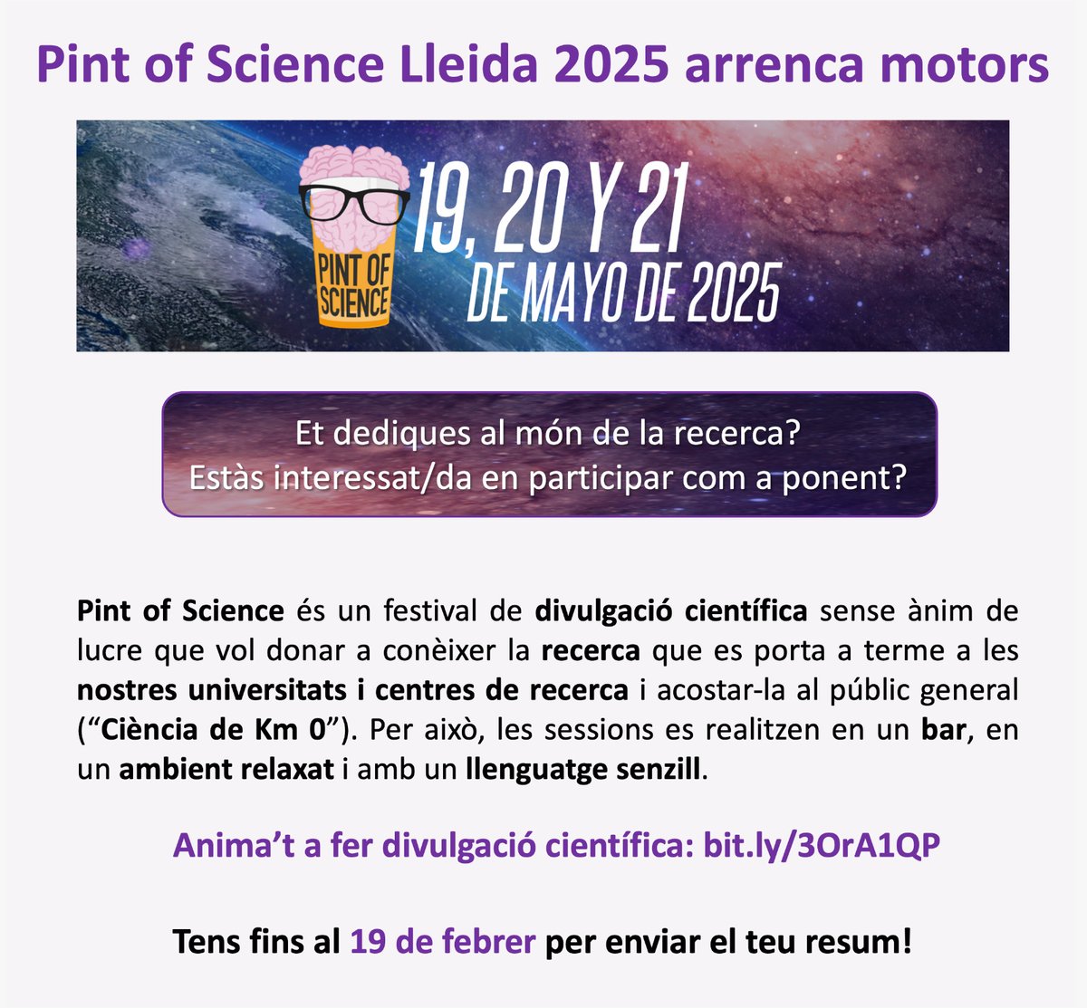💥 Encara estàs a temps❗

Vols ser ponent a Pint of Science Lleida 2025 i explicar la teva #recerca? 👩‍🔬🧑‍🔬🗣🍻

Si vols participar inscriu-te aquí abans del 19 de febrer 👉 docs.google.com/forms/d/e/1FAI…

🗓 Dates del festival: 19, 20 i 21 de maig de 2025

#Pint25LLE