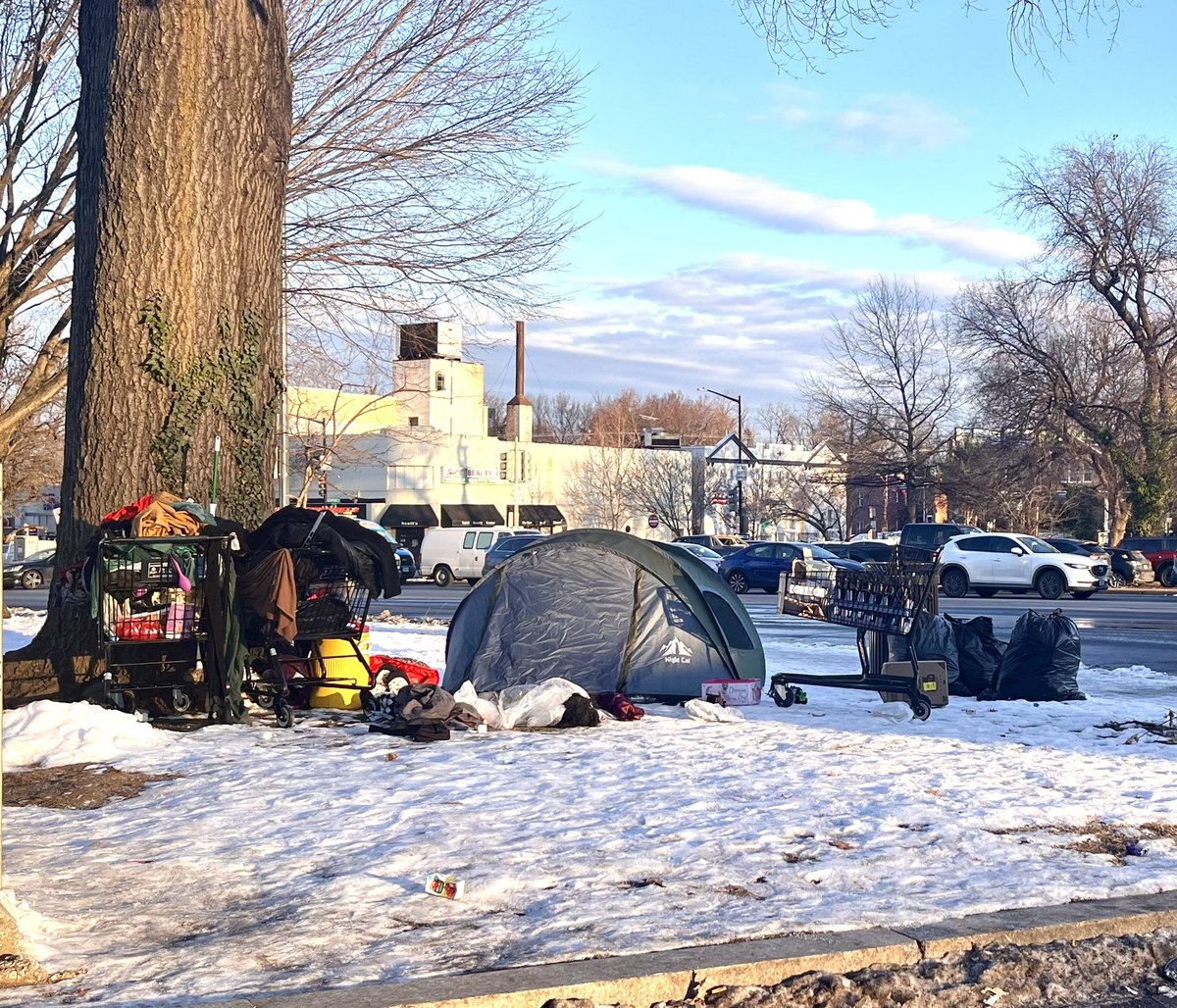 Una anciana vive en una tienda de campaña rodeada de nieve con temperaturas que llegan hasta los -10 grados centígrados. 
Washington D.C., enero del 2025.