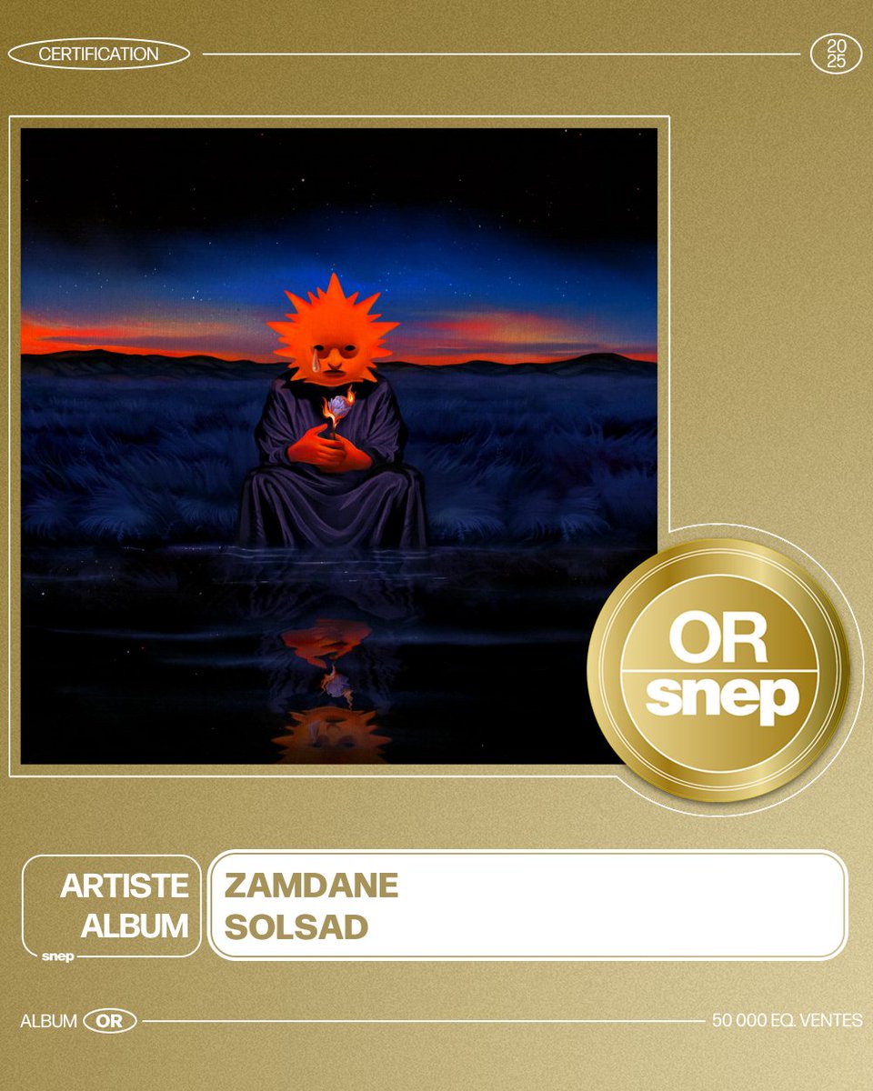 L'album « Solsad » de Zamdane est certifié Or ! 📀

50 000 équivalents ventes 📈

Bravo ! 👏