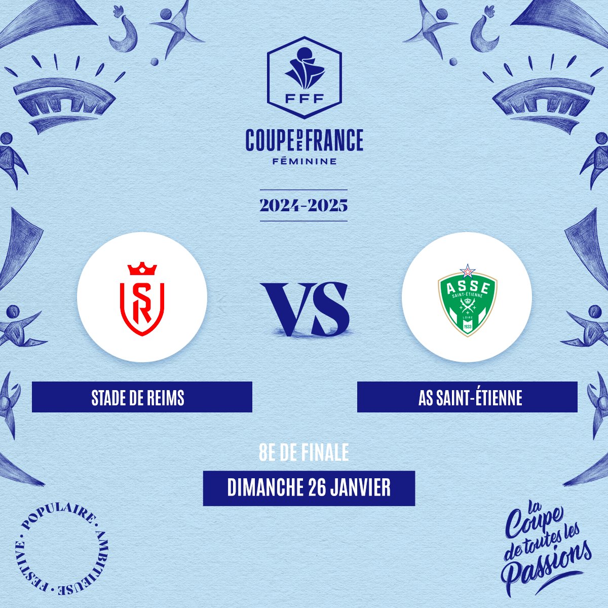 StadeDeReims's tweet image. Les 𝗮𝗳𝗳𝗶𝗰𝗵𝗲𝘀 des 8es de finale de @coupedefrance Féminines sont tombées ! 🏆👀

🗓️ Après leur exploit face à l'OL, nos Rémoises affronteront l'𝗔𝗦 𝗦𝗮𝗶𝗻𝘁-𝗘́𝘁𝗶𝗲𝗻𝗻𝗲 à domicile le 𝘥𝘪𝘮𝘢𝘯𝘤𝘩𝘦 26 𝘫𝘢𝘯𝘷𝘪𝘦𝘳 ! 🔥

#PionnièresEtAmbitieuses