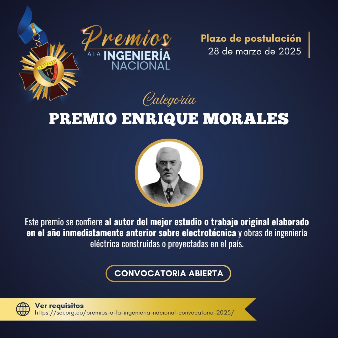IngenieriaSCI's tweet photo. 🏅 Premio "Enrique Morales"

Reconocemos los mejores aportes en electrotécnica e ingeniería eléctrica. Consulta los detalles y participa en la convocatoria.

📲 Más información aquí 👉 https://t.co/EechZBRJqL https://t.co/WZ7m3ghW7K