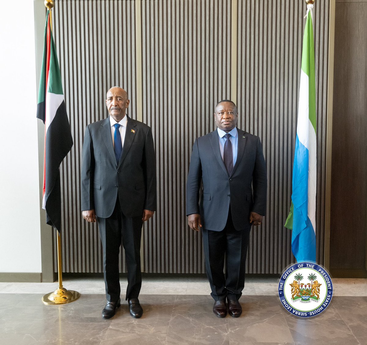 julius_maadabio's tweet photo. Today, I welcomed Lieutenant General Abdel-Fattah Al-Burhan Abdelrahman Al-Burhan, President of the Transitional Sovereign Council of the Republic of Sudan. 

We engaged in meaningful discussions focused on peace and security in Sudan and across the wider region. 

As a proud member of both the UN Security Council and the African Union Peace and Security Council, Sierra Leone is steadfastly dedicated to achieving a peaceful resolution to the ongoing conflict in Sudan.