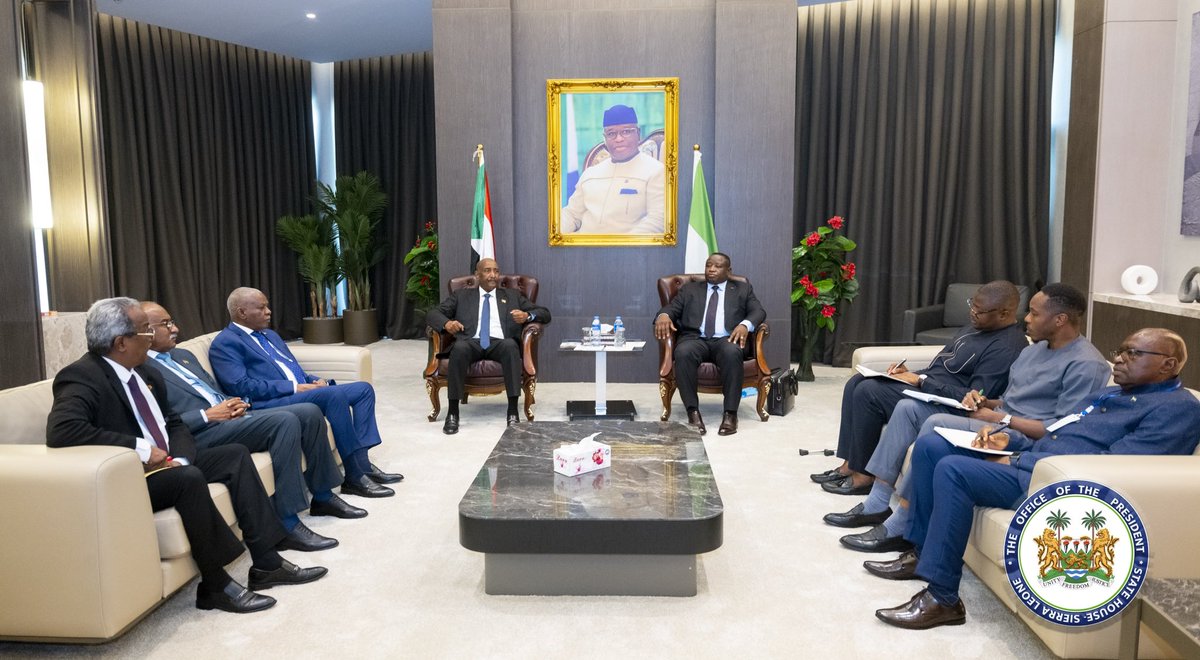 julius_maadabio's tweet photo. Today, I welcomed Lieutenant General Abdel-Fattah Al-Burhan Abdelrahman Al-Burhan, President of the Transitional Sovereign Council of the Republic of Sudan. 

We engaged in meaningful discussions focused on peace and security in Sudan and across the wider region. 

As a proud member of both the UN Security Council and the African Union Peace and Security Council, Sierra Leone is steadfastly dedicated to achieving a peaceful resolution to the ongoing conflict in Sudan.